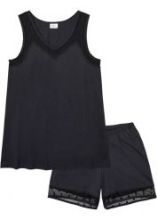 Piżama z krótkimi spodniami z delikatną koronkową wstawką. Czarne piżamy damskie bonprix, bez wzorów, z koronki, bez ramiączek. Za 74.99 zł.