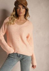 Jasnoróżowy Sweter w Klasycznym Stylu z Trójkątnym Dekoltem Omelisa. Czerwone swetry klasyczne damskie Renee, l, z jeansu, bez kołnierzyka. Za 84.99 zł.
