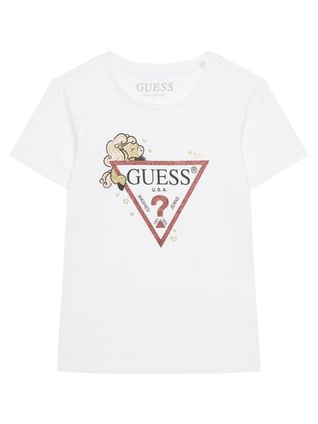 Guess T-Shirt K6RI09 K6YW4 Biały Regular Fit. Białe koszulki dziewczęce Guess, m, z aplikacjami, z bawełny, bez ramiączek. Za 89.99 zł.