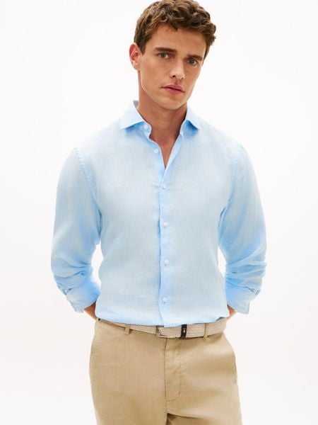Tommy Hilfiger Tailored koszula lniana Mężczyźni Slim Fit len niebieski, XL. Niebieskie koszule męskie Tommy Hilfiger Tailored, m, bez wzorów, ze lnu, bez kołnierzyka, bez ramiączek. Za 399.95 zł.