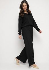 Czarny Komplet z Tkaniny Strukturalnej Koszula i Spodnie z Gumką w Pasie Saccaria. Czarne koszule damskie Born2be, bez wzorów, z materiału, eleganckie. Za 179.99 zł.