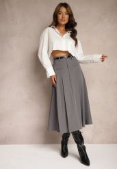 Szara Spódnica o Rozkloszowanym Kroju High Waist z Paskiem i Imitacją Kieszeni Rivivia. Szare spódniczki damskie Renee, l, bez wzorów, eleganckie, z podwyższonym stanem, midi, dopasowane. Za 129.99 zł.