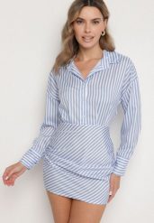 Jasnoniebieska Koszulowa Sukienka w Paski o Dopasowanym Kroju Meveira. Niebieskie sukienki damskie Born2be, na imprezę, m, z aplikacjami, klasyczne, bez kołnierzyka, bez ramiączek, mini, dopasowane. W wyprzedaży za 95.99 zł.