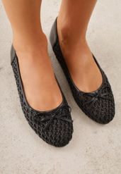 Czarne Siateczkowe Balerinki z Plecioną Cholewką z Kokardką Lilinrelle. Czarne baleriny damskie Born2be, bez wzorów, z jeansu, bez obcasa. Za 69.99 zł.