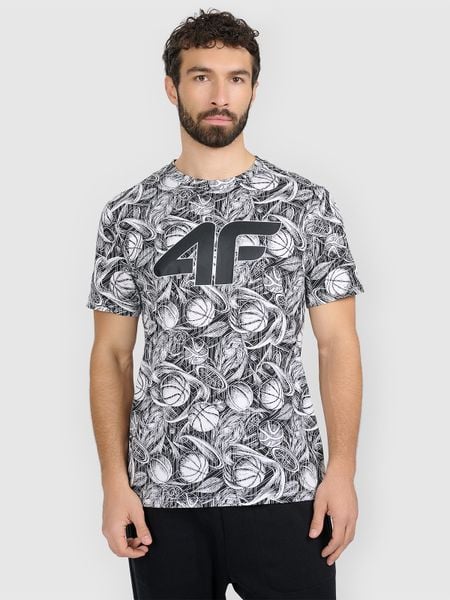 4F T-shirt regular z nadrukiem męski - czarny S. Czarne t-shirty męskie 4f, m, bez wzorów, z bawełny, bez kołnierzyka. Za 79.99 zł.