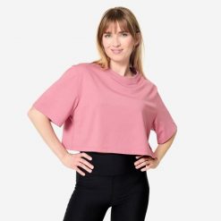 Koszulka damska Domyos Gym & Pilates crop. Fioletowe bluzki damskie NYAMBA, m, bez wzorów, z bawełny, bez ramiączek. Za 49.99 zł.