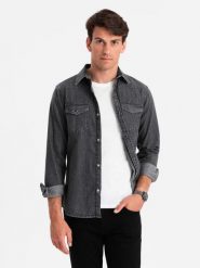 Koszula męska jeansowa na zatrzaski z kieszonkami - czarna V3. Czarne koszule męskie Ombre Clothing, l, bez wzorów, z bawełny, bez kołnierzyka, bez ramiączek. Za 169.99 zł.