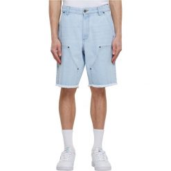 Męskie Spodenki Jeansowe Do Kolan Z Otwartym Krokiem. Niebieskie szorty męskie Urban Classics, z jeansu, bez kołnierzyka. Za 139.99 zł.