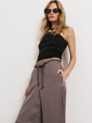 Spodnie wide leg z ozdobnym wiązaniem w pasie - brązowy. Brązowe spodnie materiałowe damskie Sinsay, bez wzorów. Za 59.99 zł.