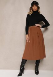 Brązowa Spódnica z Wiskozą o Rozkloszowanym Kroju z Paskiem Łańcuszkiem Lilethra. Brązowe spódniczki damskie Renee, l, bez wzorów, z materiału, eleganckie, midi, dopasowane. Za 109.99 zł.