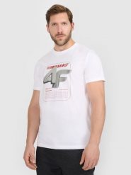 4F T-shirt regular z nadrukiem męski - biały L. Białe t-shirty męskie 4f, l, bez wzorów, z bawełny, bez kołnierzyka. Za 79.99 zł.