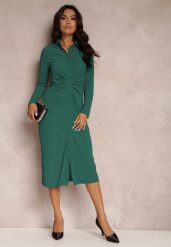 Ciemnozielona Sukienka Koszulowa z Marszczeniem Zegera. Zielone sukienki damskie Renee, s, z aplikacjami, z tkaniny, eleganckie, bez kołnierzyka, bez ramiączek, midi, koszulowe. W wyprzedaży za 76.99 zł.