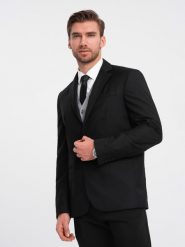 Męska klasyczna marynarka z kieszenią na poszetkę - czarna V4 OM-BLZB-0115 - XXL. Czarne marynarki męskie Ombre Clothing, bez wzorów, z poliesteru. Za 309.99 zł.