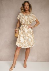 Beżowa Sukienka z Wiskozy z Kwiatowym Wzorem w Ornamentalnym Stylu Tosmina. Brązowe sukienki damskie Renee, na co dzień, l, bez wzorów, z materiału, eleganckie, bez kołnierzyka, bez ramiączek, midi, proste. W wyprzedaży za 52.49 zł.