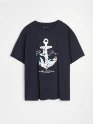 Bawełniana koszulka z cekinami z motywem kotwicy - granatowy. Niebieskie t-shirty damskie Sinsay, xl, bez wzorów, z bawełny, bez kołnierzyka. Za 25.99 zł.