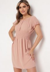 Ciemnoróżowa Rozkloszowana Sukienka Typu Hiszpanka z Gumką w Pasie Tiadella. Czerwone sukienki damskie Born2be, na co dzień, na lato, l, bez wzorów, eleganckie, bez kołnierzyka, bez ramiączek, mini, proste. W wyprzedaży za 55.99 zł.