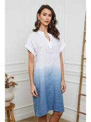 Fleur de Lin Lniana sukienka w kolorze biało-błękitnym rozmiar: XL. Białe sukienki damskie Fleur de Lin, na co dzień, xl, bez wzorów, ze lnu, bez kołnierzyka, bez ramiączek, midi, proste. Za 201.55 zł.