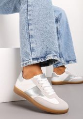 Biało-Srebrne Sneakersy Tenisówki o Klasycznym Fasonie Do Kostki Satrama. Białe trampki i tenisówki damskie Born2be, bez wzorów, z jeansu. Za 79.99 zł.