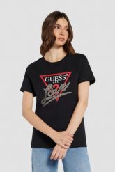 GUESS Czarny damski t-shirt bawełniany Love Tee, Rozmiar M. Czarne t-shirty damskie Guess, m, z aplikacjami, z bawełny, bez kołnierzyka. W wyprzedaży za 110.99 zł.