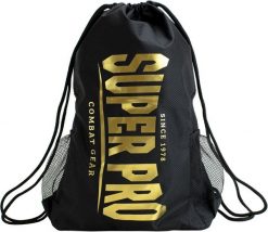Torba transportowa Super Pro na sprzęt bojowy czarno-złota. Czarne torebki klasyczne damskie SUPER PRO COMBAT GEAR, bez wzorów, z materiału, z nadrukiem, bez dodatków. Za 119.99 zł.