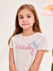 Koszulka z nadrukiem - kremowy. Białe koszulki dziewczęce Sinsay, l, bez wzorów, bez ramiączek. Za 12.99 zł.