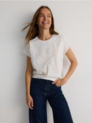 T-shirt kimono z nadrukiem - biały. Białe t-shirty damskie Reserved, l, bez wzorów, z bawełny, bez kołnierzyka. W wyprzedaży za 39.99 zł.