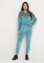 Jasnoniebieski 2-Częściowy Komplet Dresowy z Animal Print Bluza z Kapturem i Spodnie z Kieszeniami Arieli. Niebieskie bluzy z kapturem damskie Born2be, m, z dresówki. Za 79.99 zł.