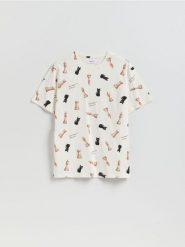 T-shirt regular z nadrukiem allover - beżowy. Brązowe t-shirty męskie Reserved, l, bez wzorów, z bawełny, bez kołnierzyka. Za 59.99 zł.