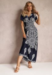 Granatowa Sukienka Maxi w Etniczny Wzór Josanie. Niebieskie sukienki damskie Renee, l, bez wzorów, boho, bez kołnierzyka, bez ramiączek, maxi. W wyprzedaży za 59.49 zł.