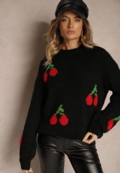 Czarny Prosty Sweter z Domieszką Wełny Ozdobiony Wiśniową Aplikacją Balrinna. Czarne swetry klasyczne damskie Renee, z jeansu, bez kołnierzyka. Za 114.99 zł.