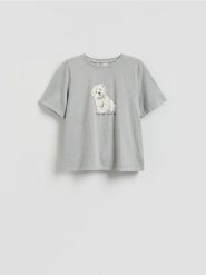 T-shirt z nadrukiem - jasnoszary. Szare t-shirty damskie Reserved, l, bez wzorów, z bawełny, bez kołnierzyka. W wyprzedaży za 29.99 zł.
