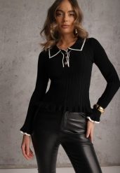 Czarny Sweter Retro z Wiskozą Zdobiony Kołnierzykiem Falbankami i Guzikami Sirrise. Czarne swetry klasyczne damskie Renee, s, z jeansu, bez kołnierzyka. Za 99.99 zł.