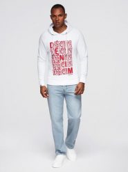 Nierozpinana męska bluza kangurka z kapturem i nadrukiem - biała V3 - Rozmiar: XL. Białe bluzy z kapturem męskie Ombre Clothing, m, z bawełny. W wyprzedaży za 49.99 zł.