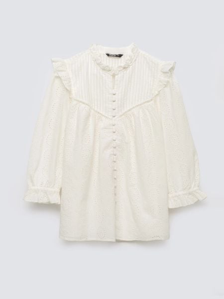 Bluzka damska bawełniana z rękawem 3/4 kremowa Bohna 100. Białe bluzki damskie Big Star, l, w ażurowe wzory, z bawełny, biznesowe, bez kołnierzyka, bez ramiączek. Za 229.99 zł.