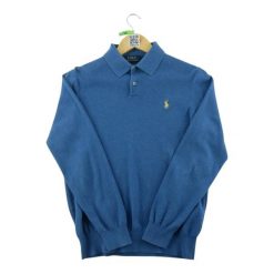 Second life - Sweter męski z żółtym haftowanym konikiem - Stan bardzo dobry. Niebieskie swetry męskie Ralph Lauren, l, bez wzorów, z materiału, bez kołnierzyka. Za 212.96 zł.