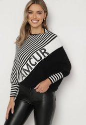 Biało-Czarny Asymetryczny Sweter w Paski z Rękawami Typu Nietoperz Riasira. Białe swetry klasyczne damskie Born2be, l, z jeansu, z asymetrycznym kołnierzem. Za 69.99 zł.