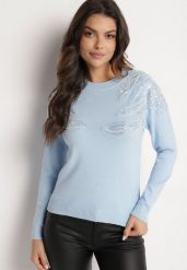 Jasnoniebieski Sweter z Bawełną Ozdobiony Cekinami Leanelwen. Niebieskie swetry klasyczne damskie Born2be, l, z bawełny, bez kołnierzyka. Za 89.99 zł.