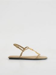 Zamszowe sandały z detalami - beżowy. Brązowe sandały damskie Reserved, bez wzorów, z zamszu, bez obcasa. Za 139.99 zł.
