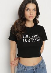Czarny Bawełniany T-shirt z Napisem i Łańcuchem Olimelia. Czarne t-shirty damskie Born2be, m, bez wzorów, z bawełny, bez kołnierzyka. Za 34.99 zł.