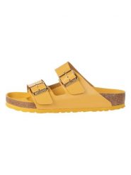Birkenstock Skórzane klapki w kolorze żółtym rozmiar: 39. Żółte klapki damskie Birkenstock, bez wzorów, bez obcasa. Za 479.95 zł.