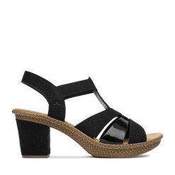 Sandały Rieker. Czarne sandały damskie Rieker, bez wzorów, bez obcasa, na słupku. Za 299.99 zł.