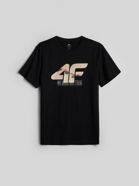 4F T-shirt regular z nadrukiem męski - czarny L. Czarne t-shirty męskie 4f, l, bez wzorów, z bawełny, bez kołnierzyka. Za 69.99 zł.