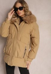 Beżowa Kurtka z Kapturem i Futerkiem Mastasa. Brązowe kurtki damskie Renee, na zimę, l, z aplikacjami, z kapturem. Za 199.99 zł.