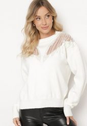 Biały Sweter z Siateczkowymi Wstawkami z Cekinami Perełkami i Koralikami Evoriana. Białe swetry klasyczne damskie Born2be, l, z jeansu, bez kołnierzyka. Za 129.99 zł.