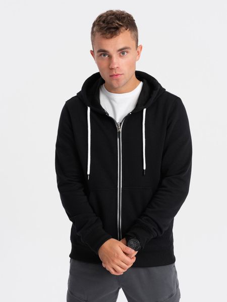 Bluza męska rozpinana z kapturem BASIC - czarna V1. Czarne bluzy z kapturem męskie Ombre Clothing, m, z bawełny. W wyprzedaży za 59.99 zł.