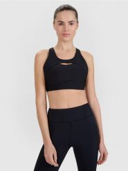 Stanik sportowy ze średnim wsparciem damski. Czarne biustonosze sportowe damskie 4f, bez wzorów, z dzianiny. Za 179.99 zł.
