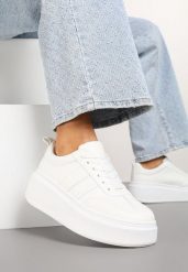 Białe Sneakersy Kultowe Tenisówki na Platformie z Koturnem Elisara. Białe trampki i tenisówki damskie Born2be, bez wzorów, z jeansu. Za 74.99 zł.