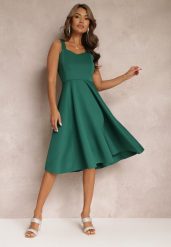 Zielona Sukienka Midi na Szerokich Ramiączkach z Rozkloszowanym Dołem Kiratta. Zielone sukienki damskie Renee, l, bez wzorów, eleganckie, bez kołnierzyka, bez ramiączek, midi, rozkloszowane. W wyprzedaży za 111.99 zł.