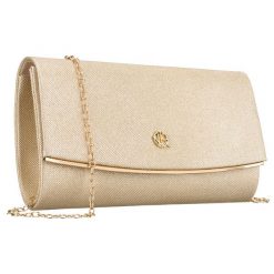 Wizytowa, złota torebka damska wykonana z tkaniny syntetycznej zamykana klipsem magnetycznym - Rovicky. Żółte torebki wieczorowe ROVICKY, bez wzorów, z syntetyku, wizytowe, bez kołnierzyka, bez ramiączek. Za 53.99 zł.