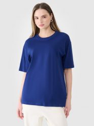 4F T-shirt oversize gładki damski - granatowy L. Niebieskie t-shirty damskie 4f, l, bez wzorów, z bawełny, bez kołnierzyka. W wyprzedaży za 39.99 zł.